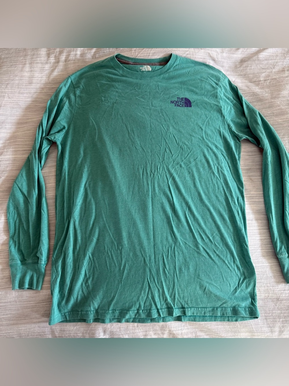The North Face Men’s Long-Sleeve Crew — Teal Green with Navy Logo size M